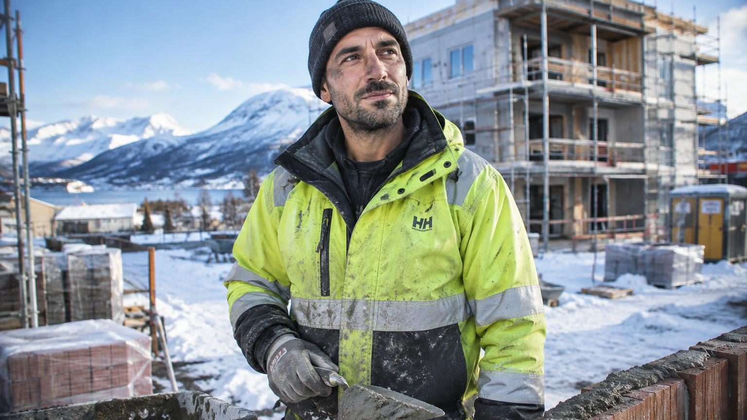 Un maçon dans le froid nordique consulte sa montre avant 8 heures du matin sur un chantier de construction en Norvège, portant un bonnet et une veste de travail fluo.