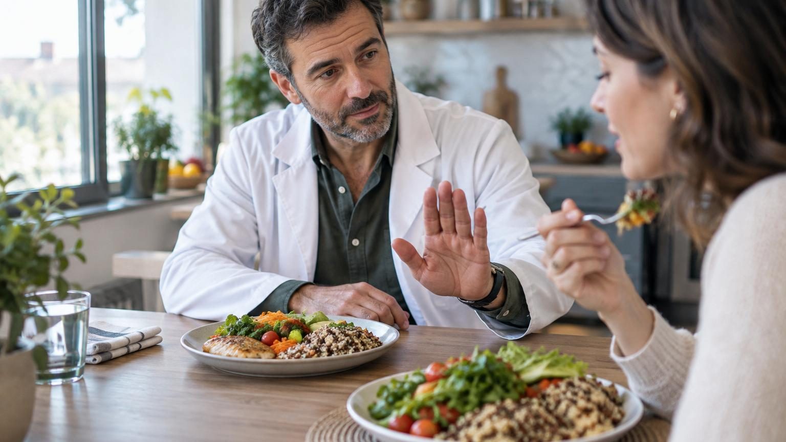Homme mangeant lentement à table sans distraction, illustrant la pratique du hara hachi bu et l'écoute des signaux de satiété du corps.