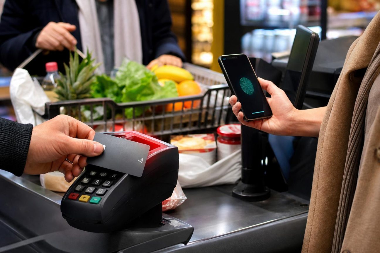 Gros plan sur une main approchant une carte bancaire blanche d'un terminal de paiement gris en magasin, avec un écran affichant le montant de la transaction.