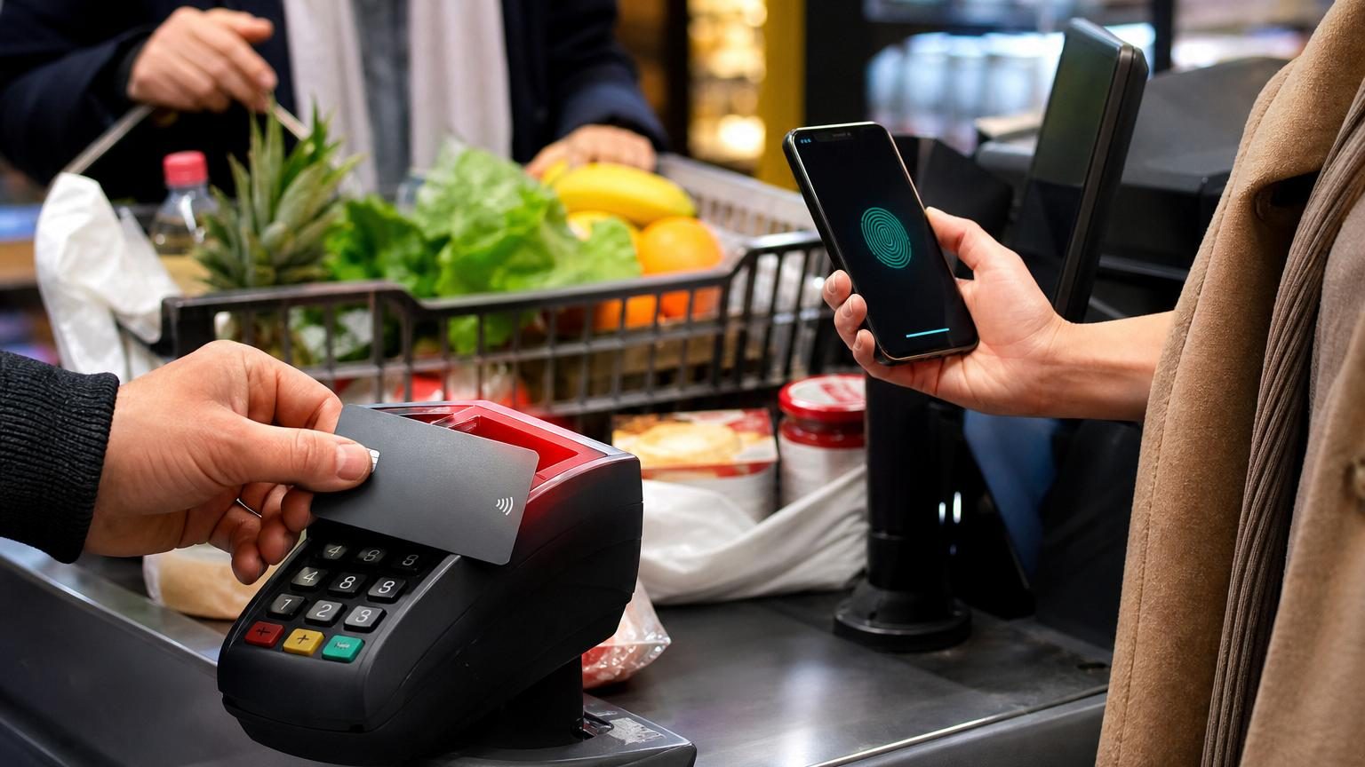 Gros plan sur une main approchant une carte bancaire blanche d'un terminal de paiement gris en magasin, avec un écran affichant le montant de la transaction.