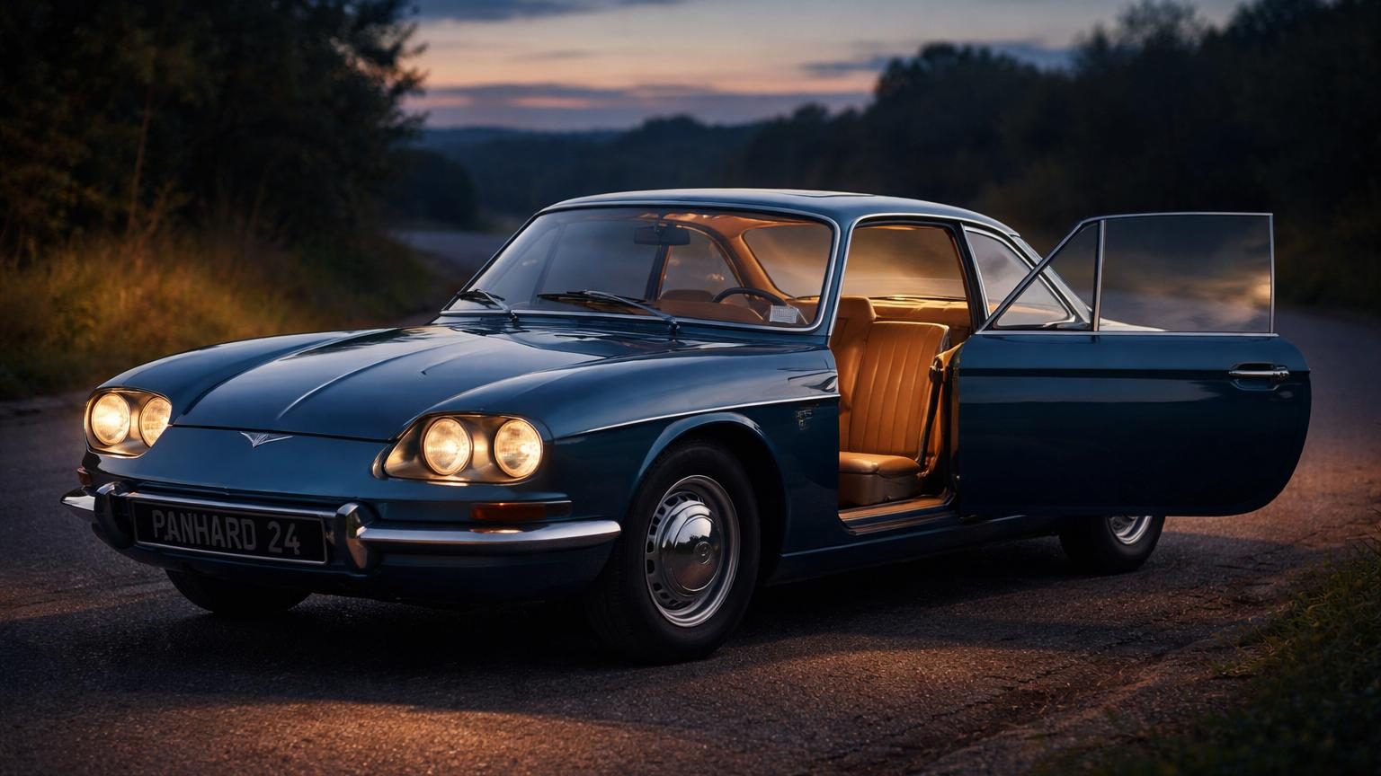 Coupé Panhard 24 des années 1960, vue de trois quarts avant, carrosserie élégante avec avant à quatre phares regroupés sous verrière, ligne fluide et équilibrée de couleur claire.