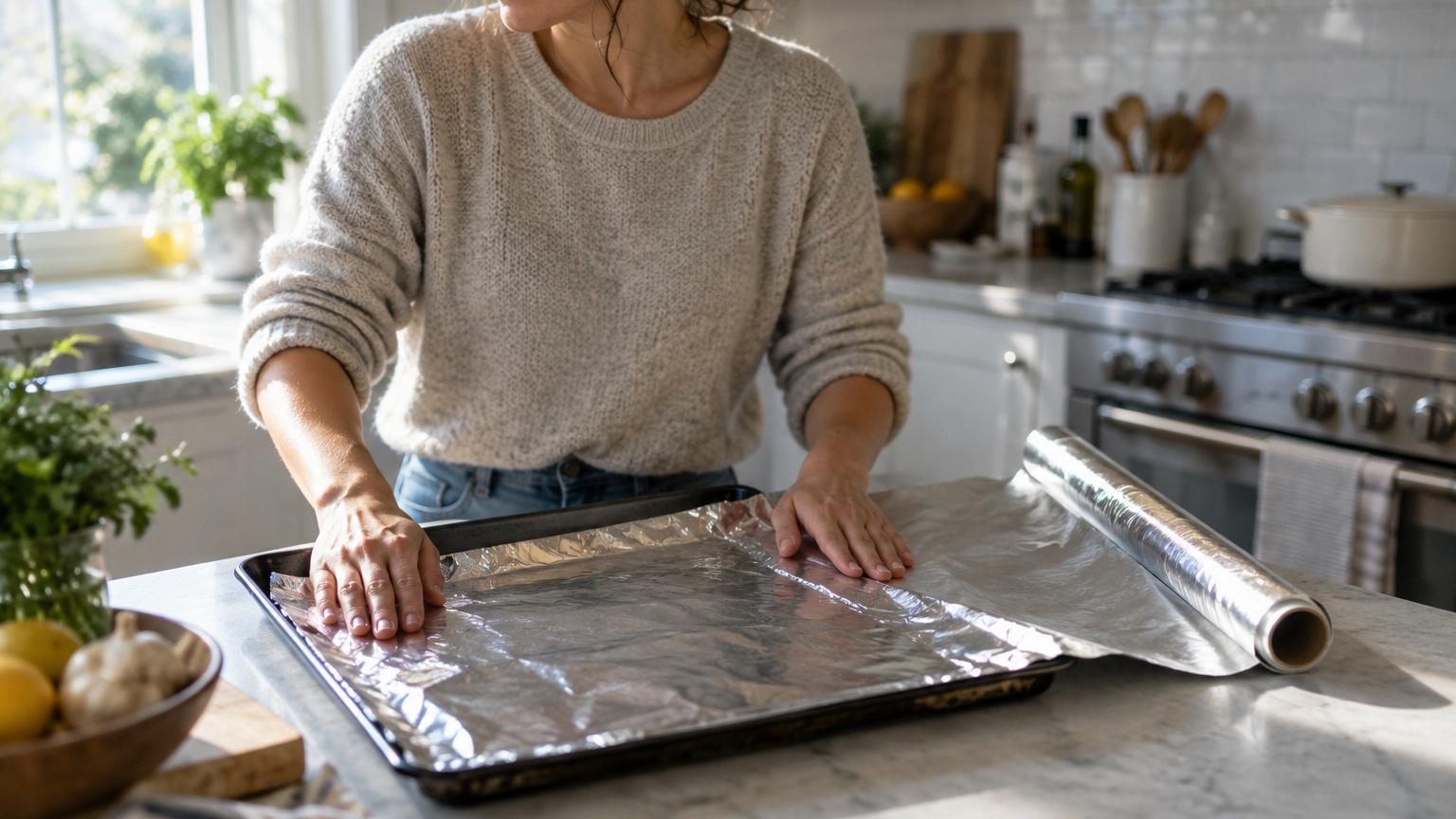 Rouleau de papier aluminium montrant ses deux faces, l'une brillante et l'autre mate, posé sur un plan de travail de cuisine avec un gratin en arrière-plan.