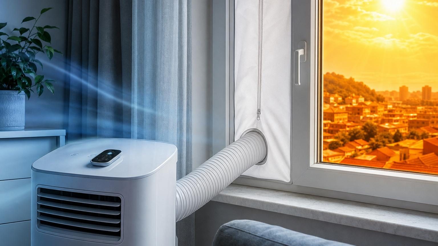 Climatiseur mobile blanc avec tuyau d'évacuation placé près d'une fenêtre partiellement ouverte, montrant la sortie du conduit non calfeutrée laissant entrer la chaleur extérieure.