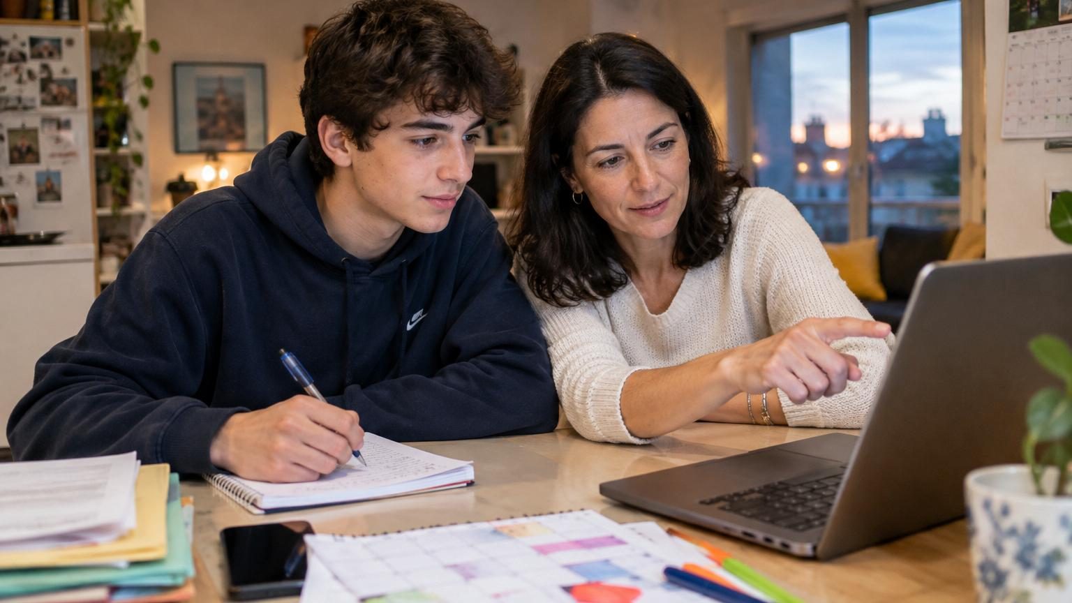 Adolescent et parent assis à une table, travaillant ensemble sur un ordinateur pour explorer les formations Parcoursup 2026, dans une atmosphère calme et constructive.