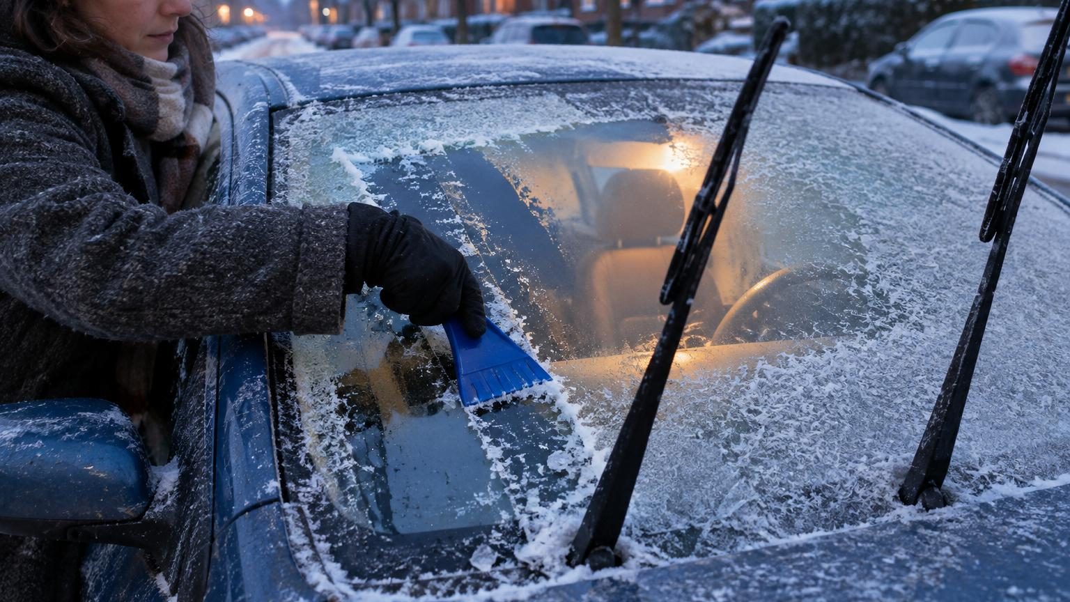 Mains gantées grattant délicatement le givre sur un pare-brise gelé par temps froid et nuageux