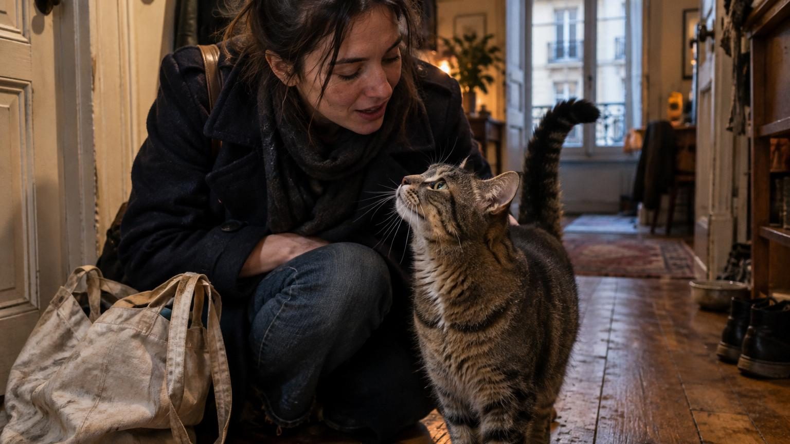 Un chat gris aux yeux verts écoute attentivement une personne qui lui parle de près, avec une expression concentrée et bienveillante.