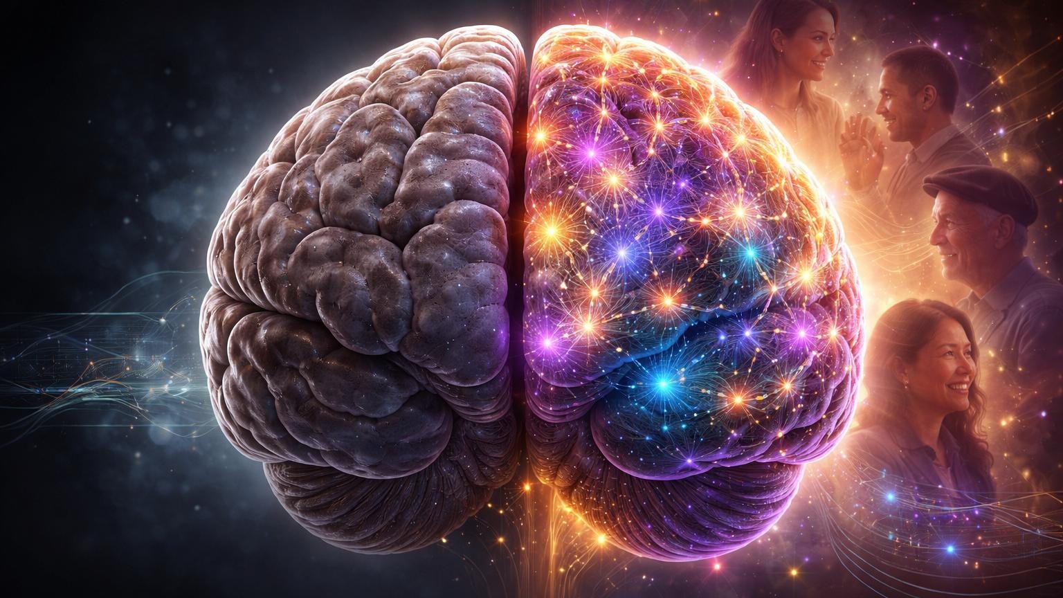 Illustration conceptuelle d'un cerveau en coupe avec des connexions neuronales lumineuses de différentes couleurs, symbolisant l'activité cérébrale accrue chez les personnes multilingues.