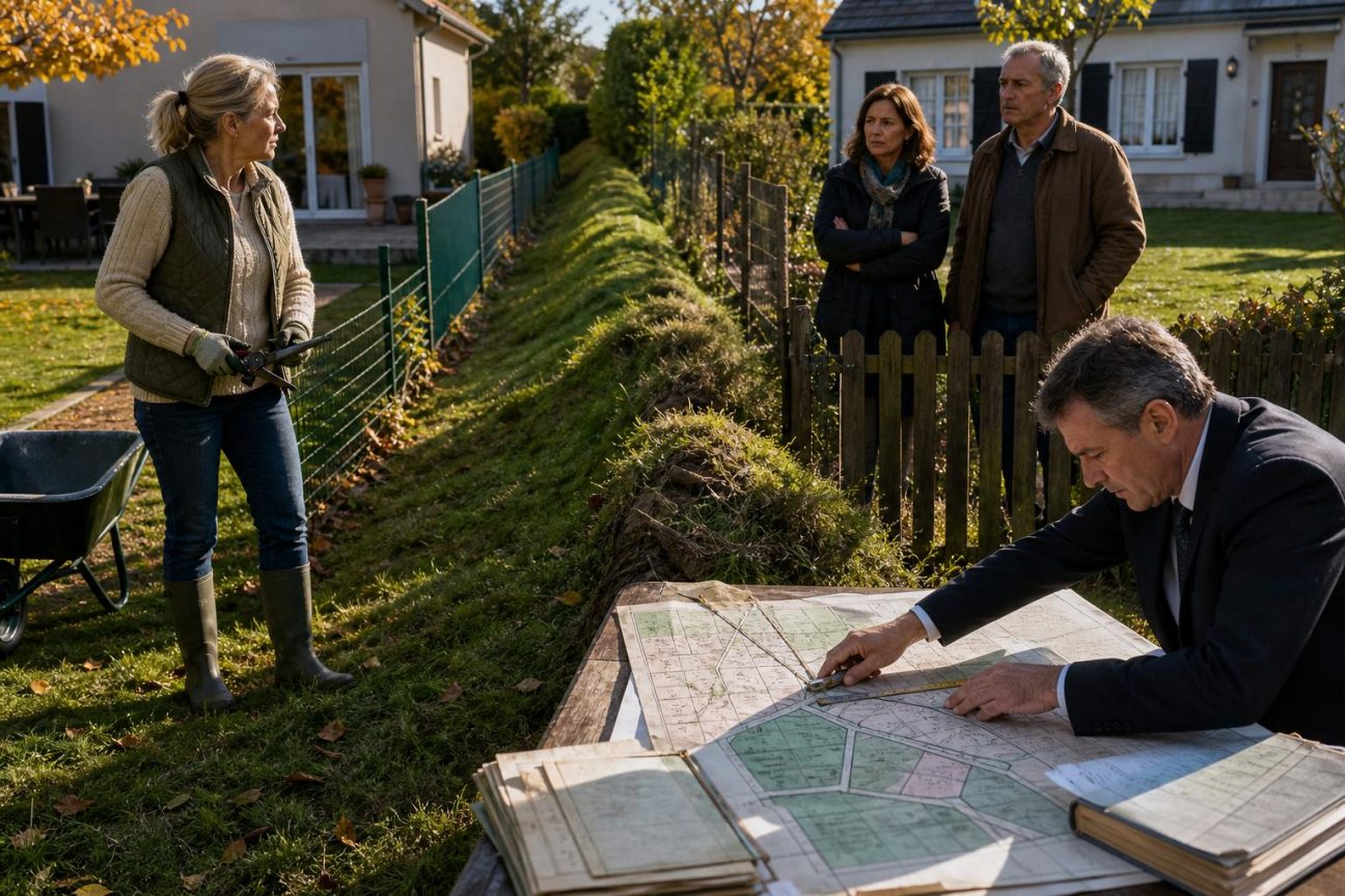 Une maison pavillon avec un talus enherbé mal défini séparant deux propriétés, sur lequel reposent des questions de propriété et de droits fonciers.