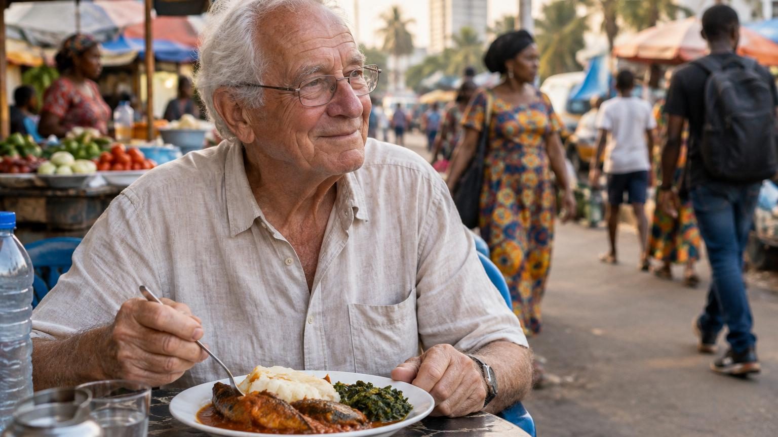 Patrick, homme âgé de 77 ans, assis à une table en plastique dans un quartier populaire d'Abidjan, compte ses billets avec sérénité devant une canette d'eau.