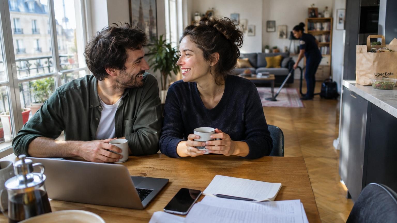 Couple détente ensemble sur un canapé dans un intérieur épuré, symbolisant le temps partagé après externalisation des tâches ménagères.