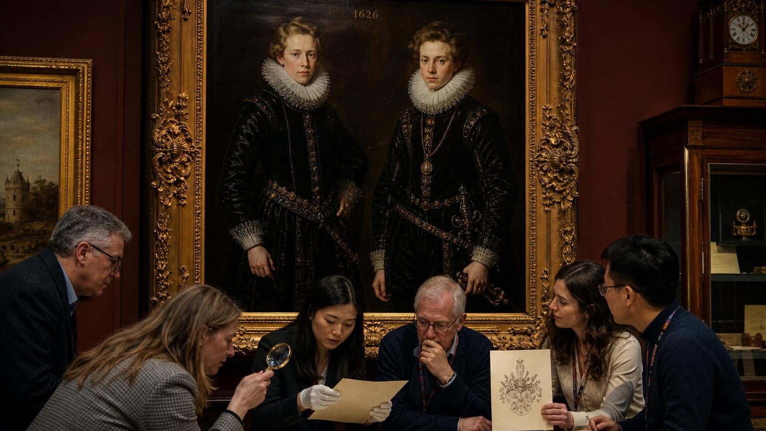 Deux jeunes hommes du XVIIe siècle, vêtus de noirs avec collerettes blanches, posent côte à côte dans une composition formelle. Leurs regards énigmatiques fixent le spectateur depuis quatre siècles.