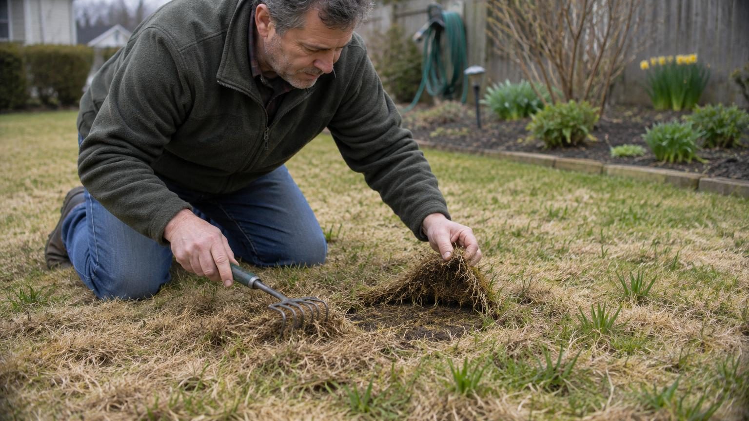 Gros plan sur une pelouse verdoyante au printemps avec des brins d'herbe denses, illustrant le résultat après application des 4 gestes de regarnissage
