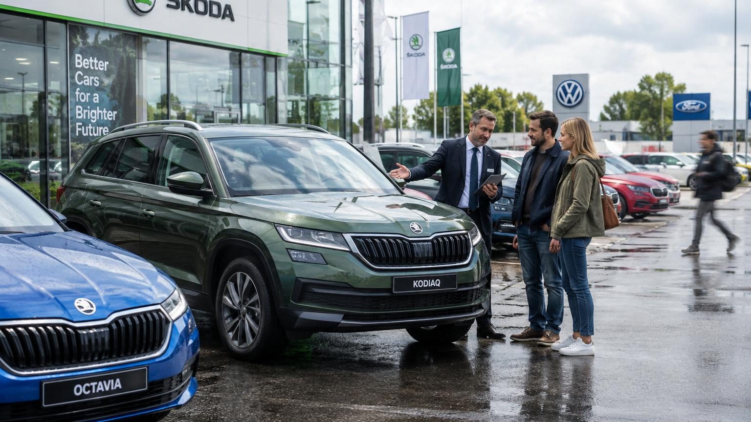 Logo Skoda ou showroom avec modèles SUV électriques et thermiques en exposition, symbolisant la stratégie de mix énergétique du constructeur tchèque