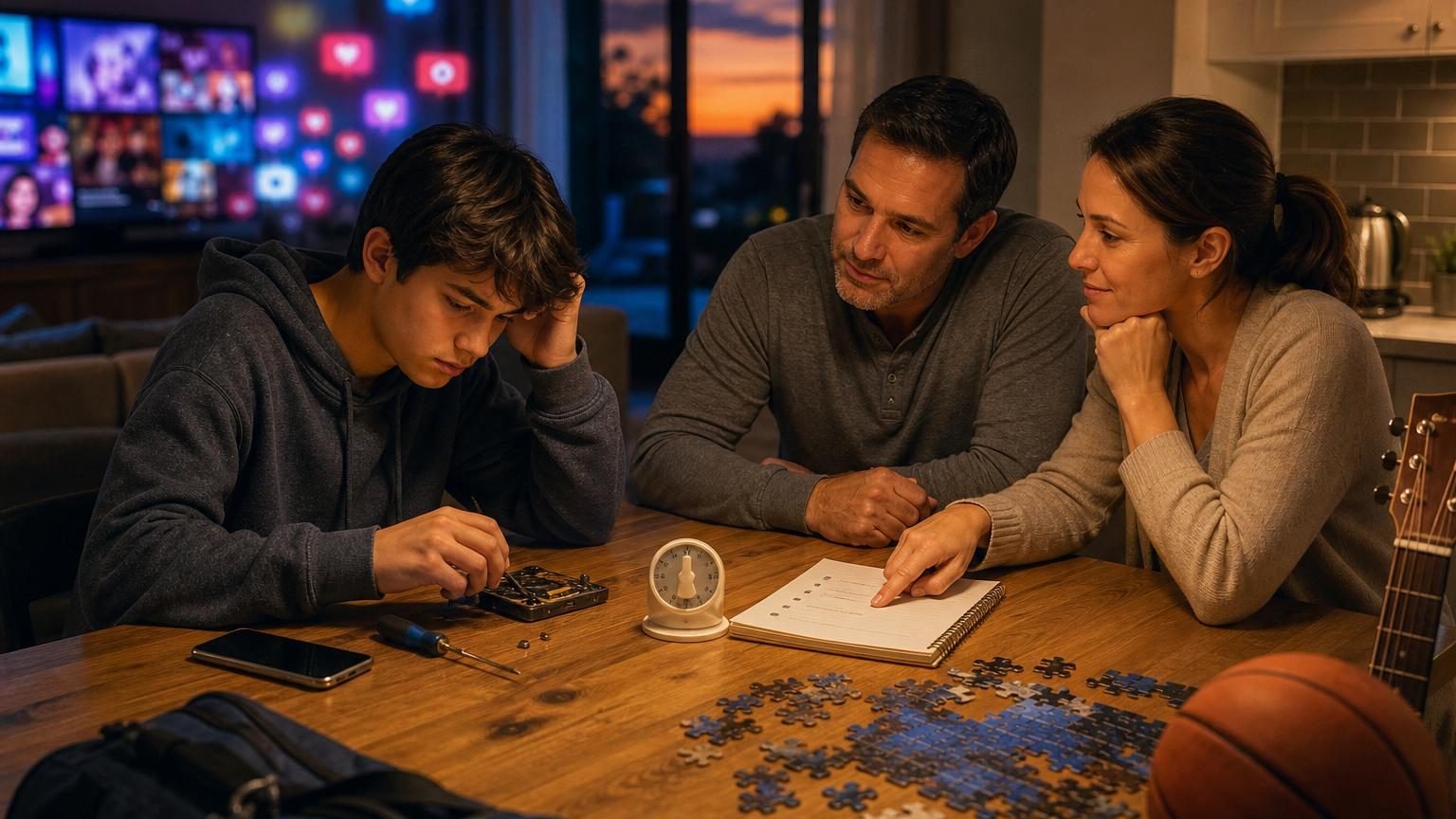 Un adolescent assis face à un écran lumineux, entouré de symboles de consommation immédiate, réfléchissant à la patiente construction d'un projet à long terme.