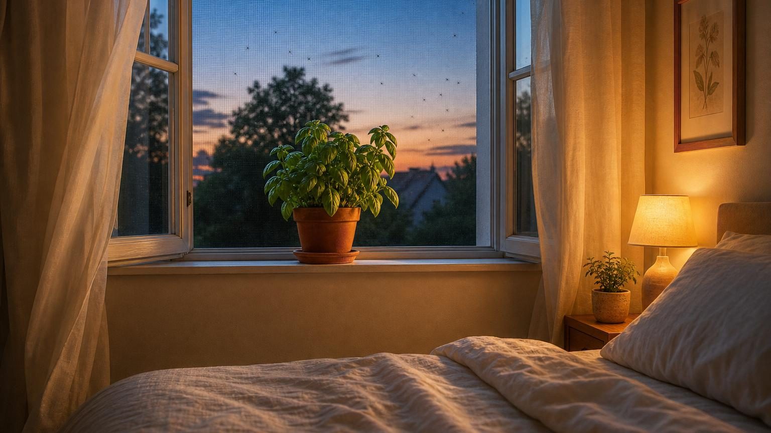 Un pot de basilic vert placé sur le rebord d'une fenêtre ouverte pendant une soirée d'été, diffusant son parfum aromatique pour repousser les moustiques.