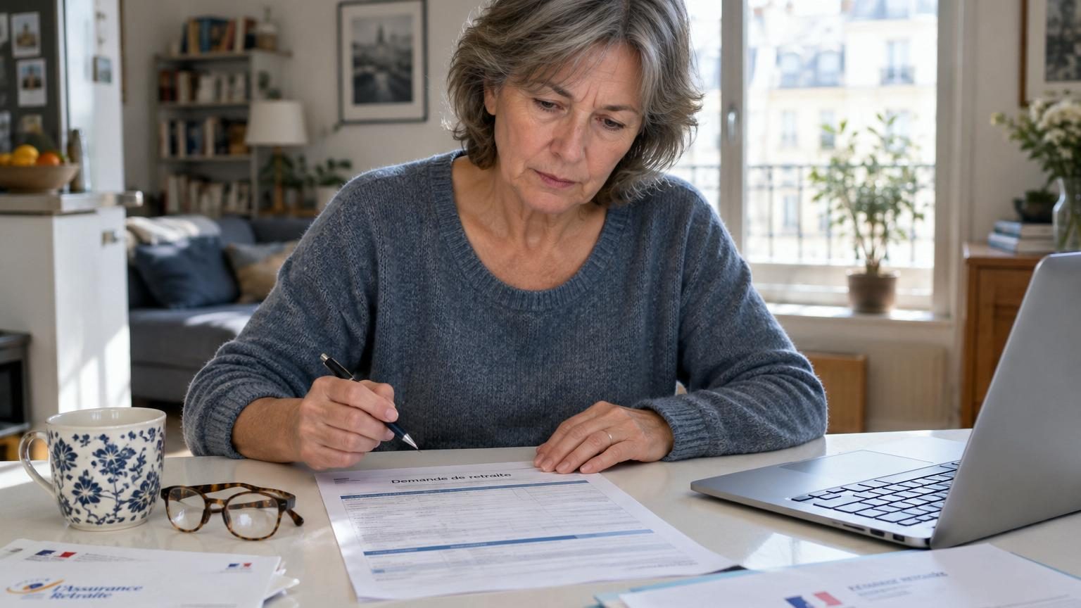 Documents administratifs et formulaires relatifs à la pension de retraite de réversion, avec stylo et lunettes de lecture sur fond blanc