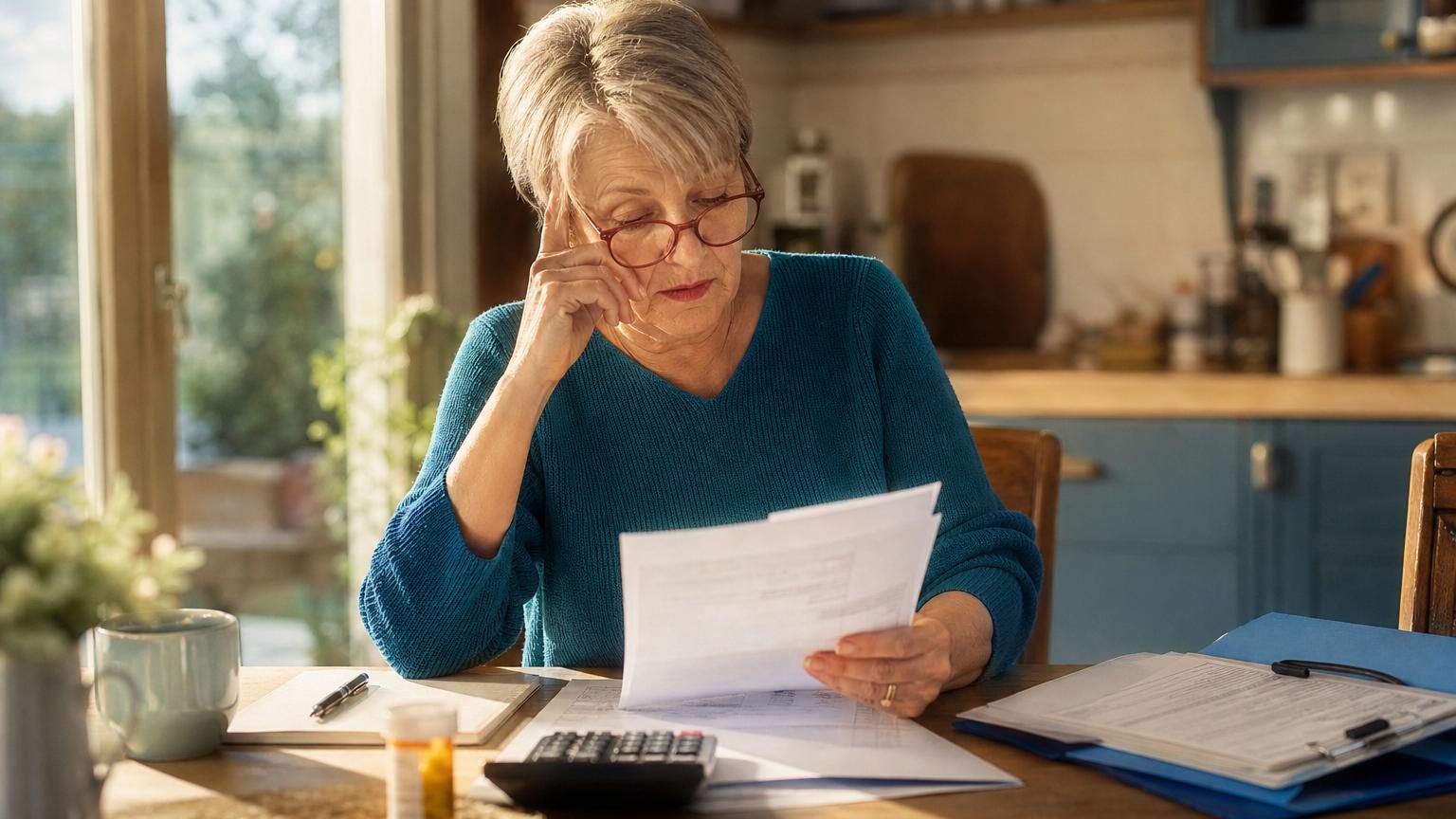 Personne âgée consultant des documents administratifs sur la retraite avec un ordinateur et des papiers éparpillés sur une table