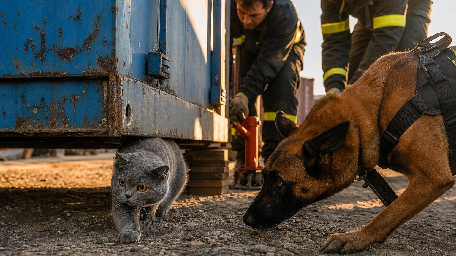 Chat British Shorthair roux et blanc retrouvé vivant sous un conteneur métallique après six jours de disparition, avec une femme soulagée le tenant dans ses bras.