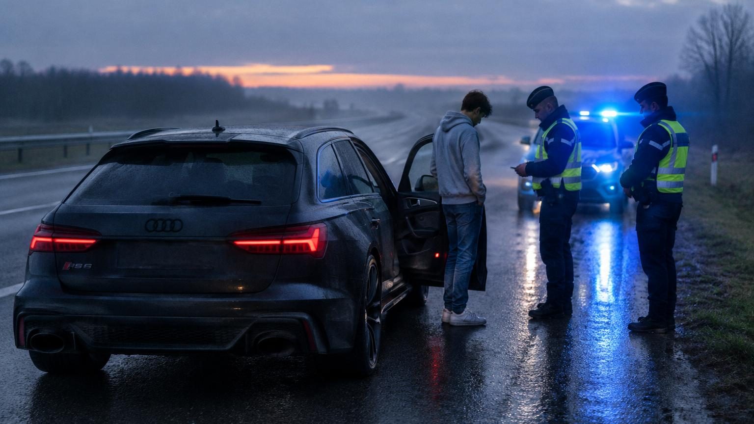 Un jeune homme au volant d'une voiture puissante la nuit, visage concentré sur la route sombre, avec le compteur de vitesse affichant une vitesse excessive, gyrophares bleus surgissant dans le rétroviseur.