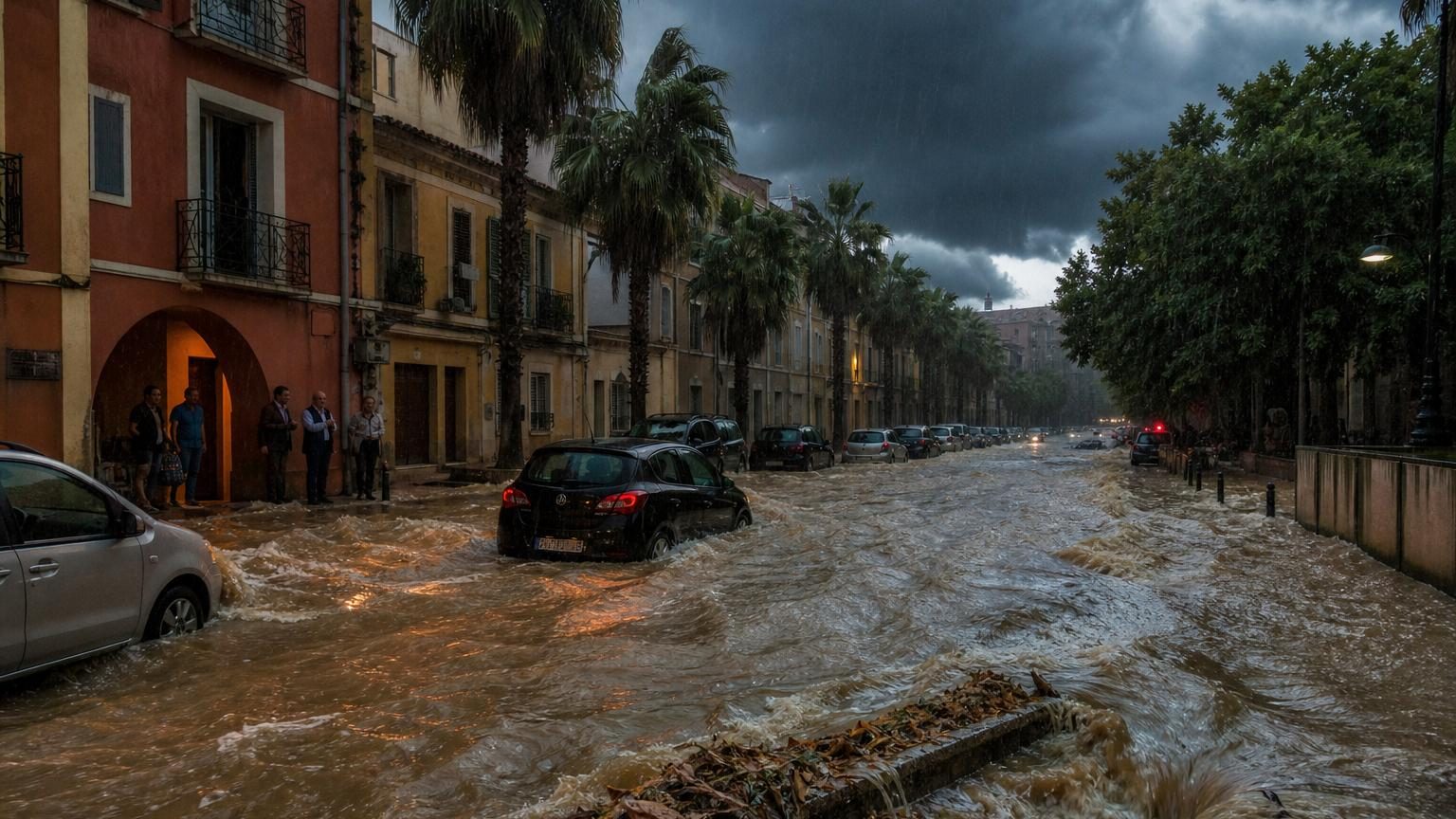 Rues de Perpignan transformées en torrents après une averse soudaine, eau débordant des grilles et s'accumulant le long des trottoirs et bâtiments.