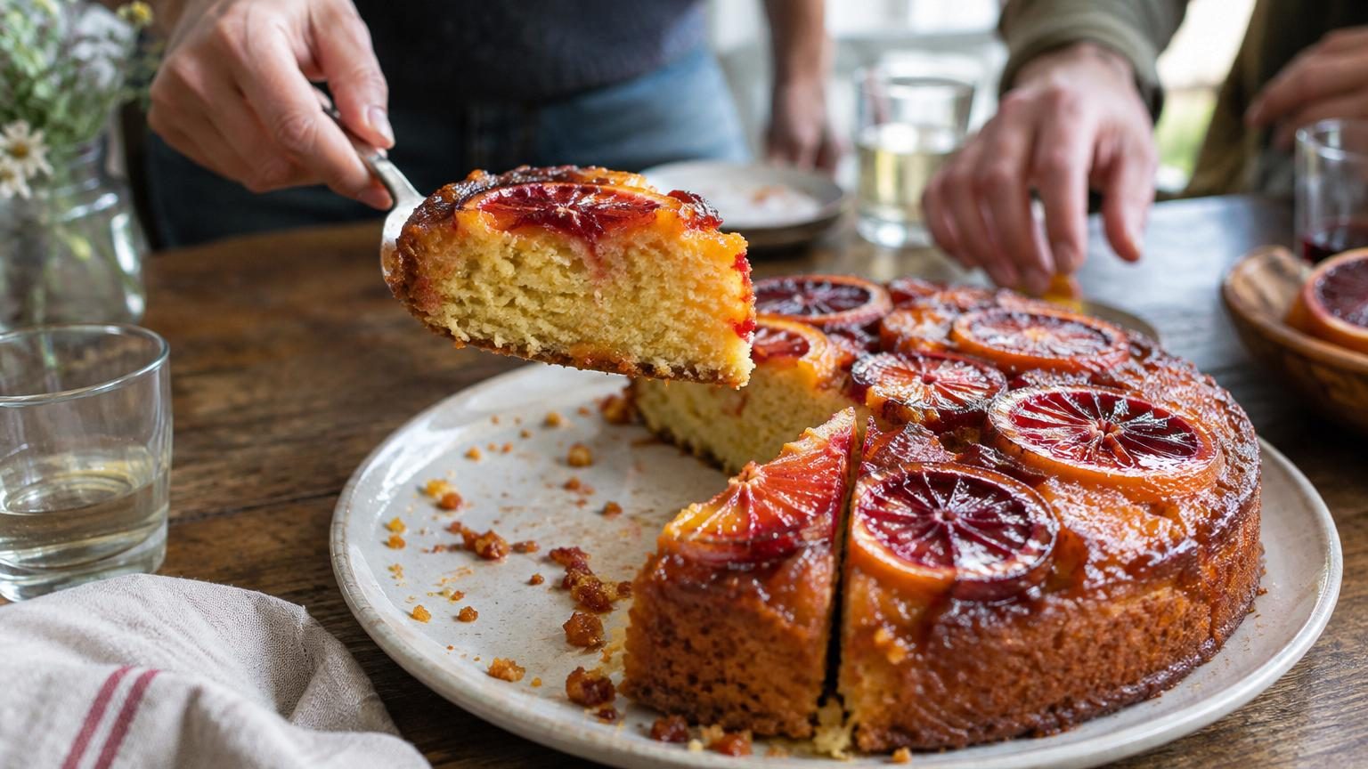 Un gâteau moelleux aux oranges sanguines nappé de sirop brillant, orné de fines rondelles d'orange translucides, dans un décor de printemps lumineux.