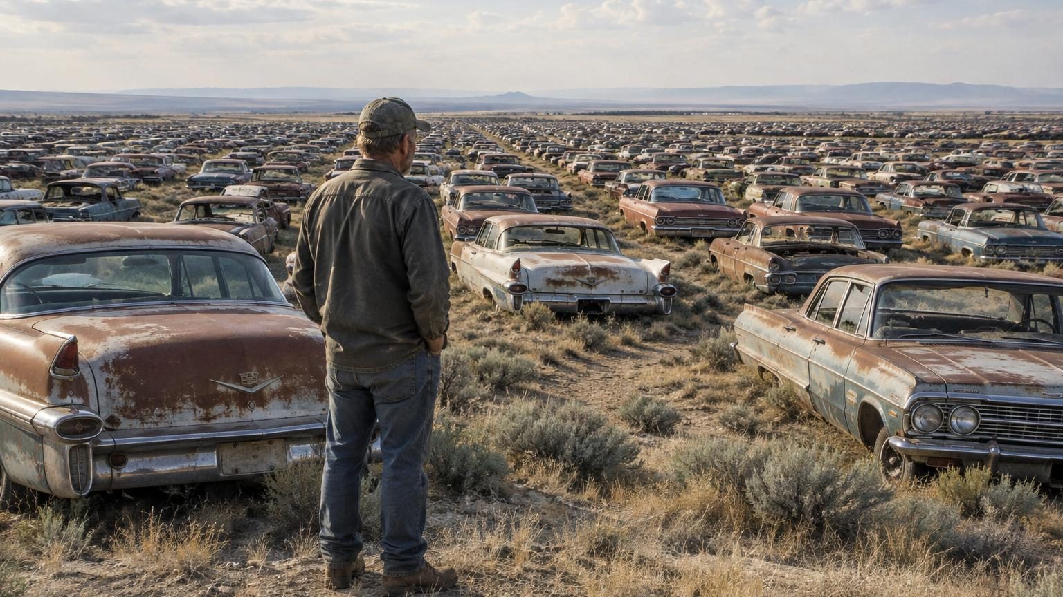 Vue aérienne d'un immense cimetière automobile désertique avec des milliers de véhicules anciens alignés et dispersés sur un terrain rocailleux recouvert de végétation clairsemée