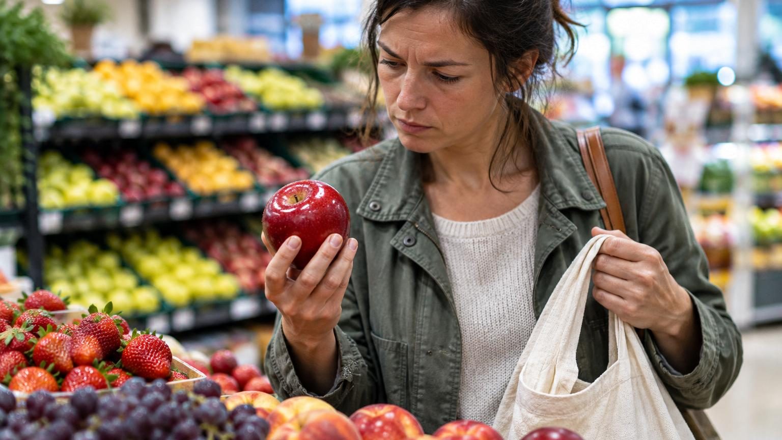 Composition de dix fruits colorés non bio (cerise, fraise, raisin, pomme, pêche, agrume, poire, myrtille, mûre, melon) présentés avec indication graphique de la présence de résidus de pesticides.