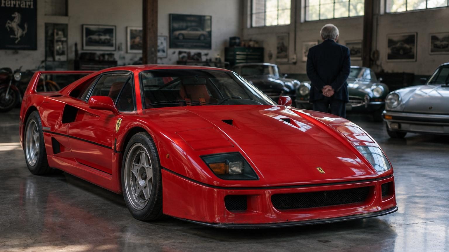 Portrait en mémoire de Philippe Bouvard, fondateur des Grosses Têtes, avec une Ferrari F40 rouge éclatante en arrière-plan symbolisant sa passionautomobilie