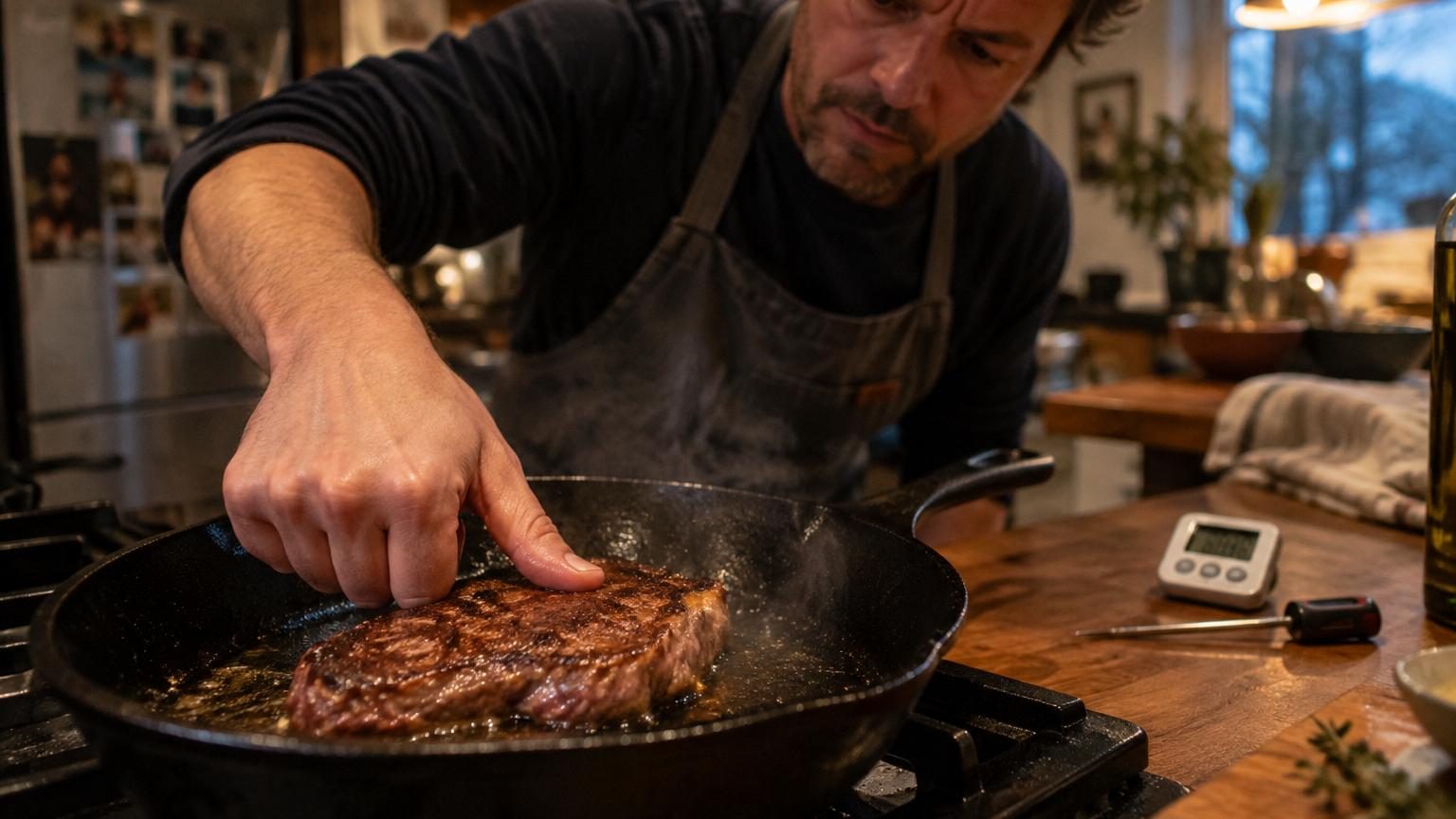 Main appuyant légèrement sur une entrecôte dorée et saisie dans une poêle chaude pour tester sa fermeté lors de la cuisson