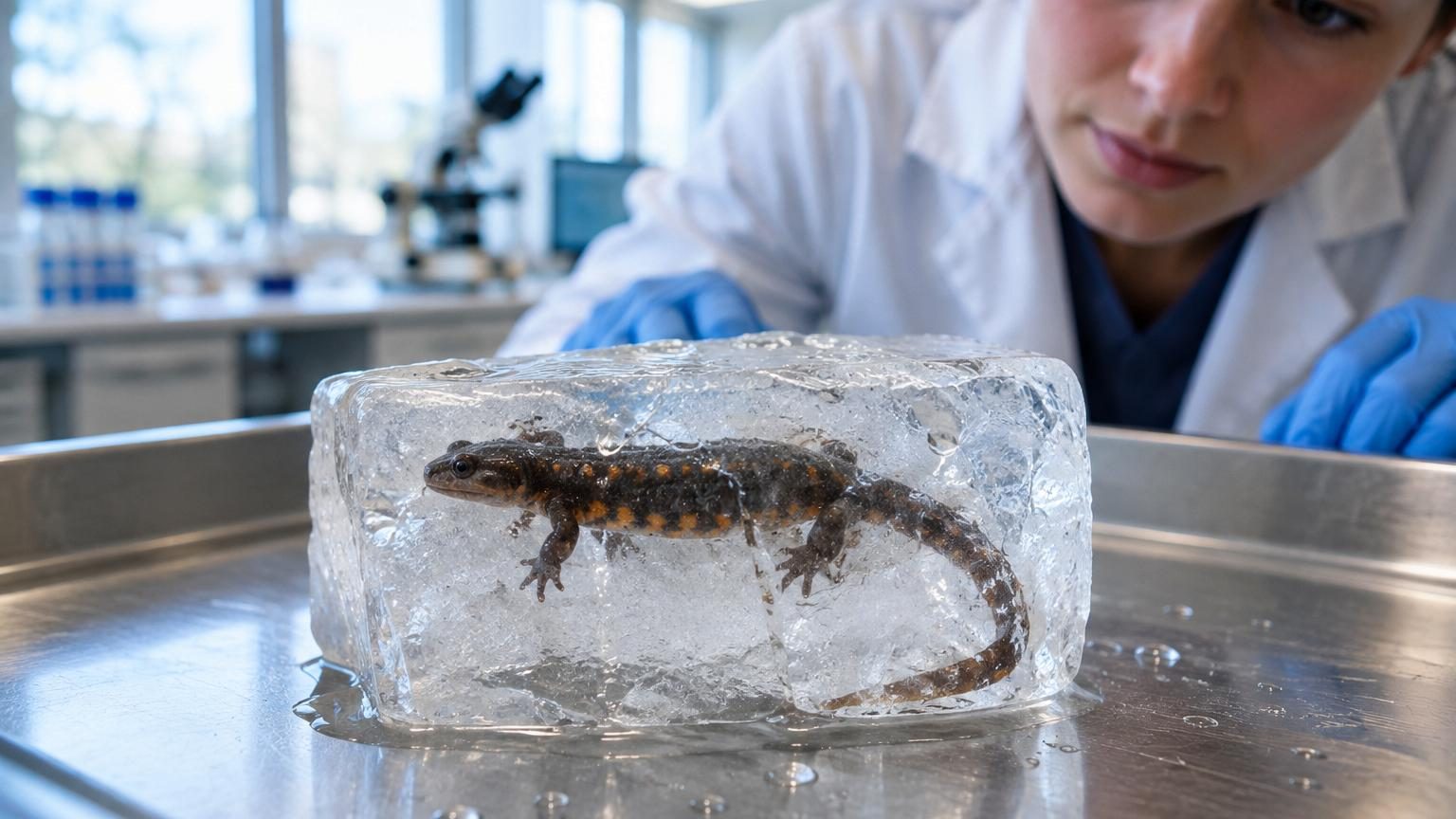 Salamandre de Sibérie figée dans la glace, corps immobile enfoui dans un bloc de glace transparent, illustrant sa capacité remarquable à survivre aux températures extrêmes.