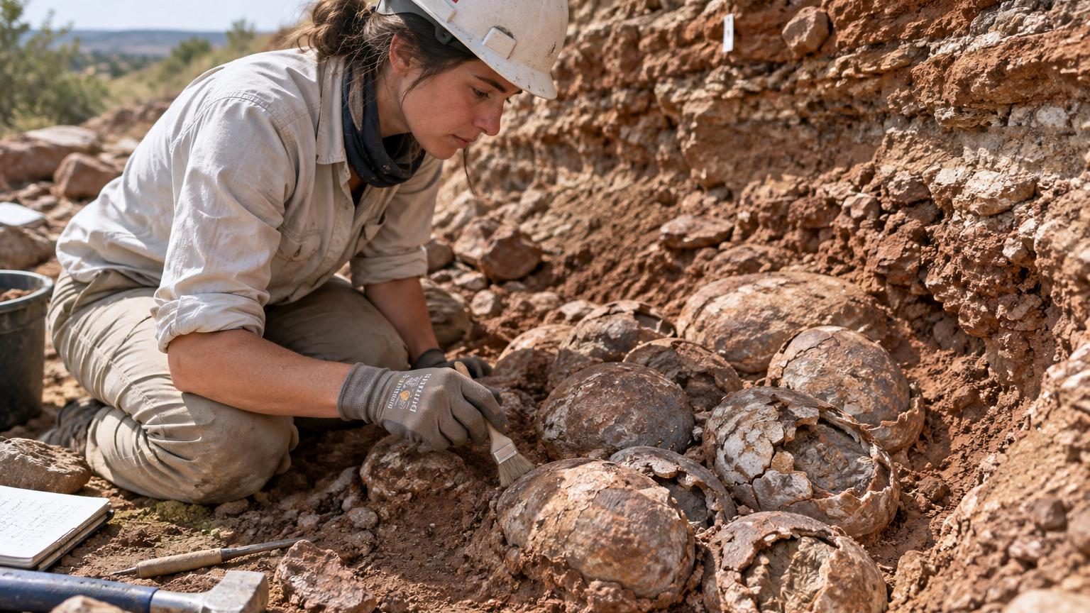 Tranchée boueuse en pente contenant plusieurs œufs de dinosaures fossilisés partiellement dégagés de la couche d'argile grise, avec un musée-parc visible en arrière-plan dans le sud de la France.