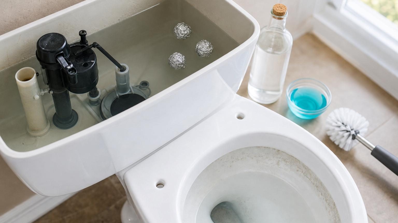 Trois boules d'aluminium froissé placées dans un réservoir de WC, entourées d'une teinte blanche sugérant le vinaigre blanc.