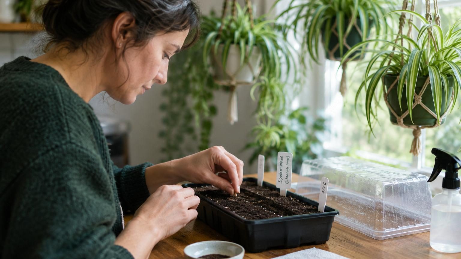 Jeune plantule de Chlorophytum comosum avec deux petites feuilles vertes émergeant du terreau humide dans un petit pot avec trous de drainage