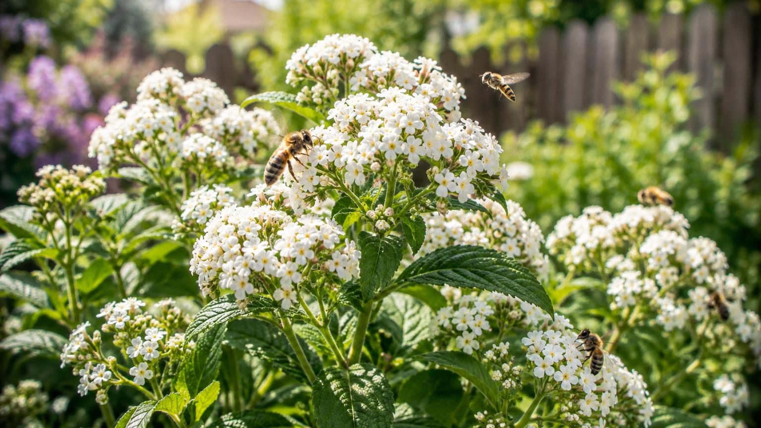 Buisson compact d'héliotrope portant des grappes serrées de petites fleurs violettes et un feuillage vert foncé velouté, avec une abeille ou un papillon en visite.