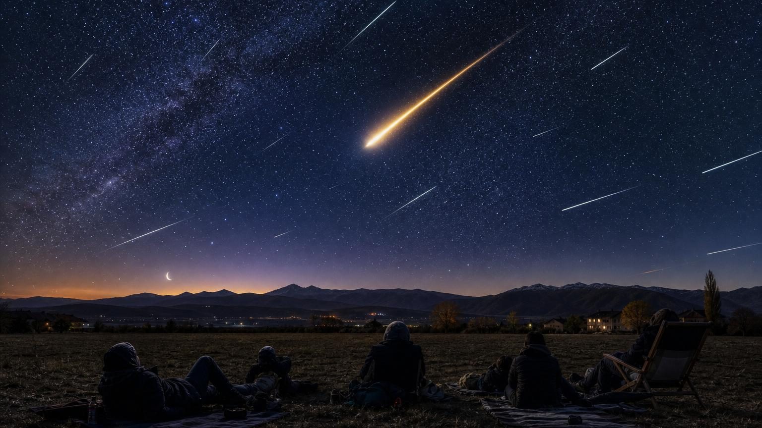 Ciel étoilé nocturne avec une traînée lumineuse de météore traversant l'atmosphère au-dessus d'un paysage sombre et dégagé