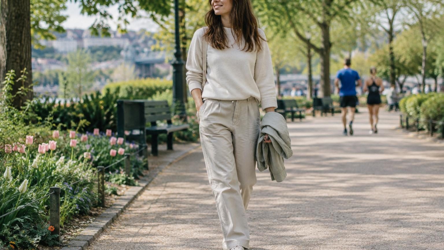 Pantalon jogging droit beige clair Decathlon Elementals associé à un pull écru et des baskets blanches, porté de manière élégante et décontractée en extérieur printanier.