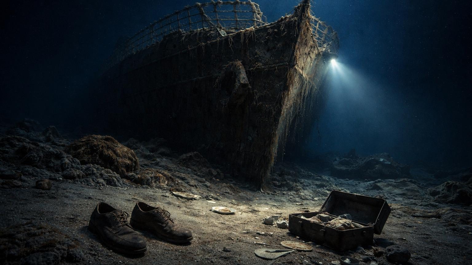 Vue d'une paire de chaussures usées reposant sur le fond marin sombre entouré de débris de l'épave du Titanic par 3 800 mètres de profondeur.