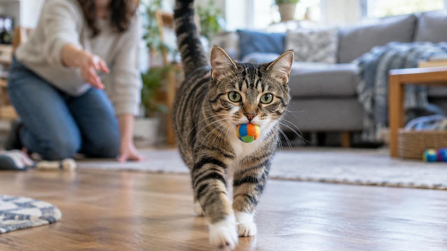 Un chat gris et blanc attrape une petite balle colorée avec sa gueule, prêt à la rapporter à son propriétaire assis en arrière-plan, illustrant le comportement de fetch chez les félins domestiques.
