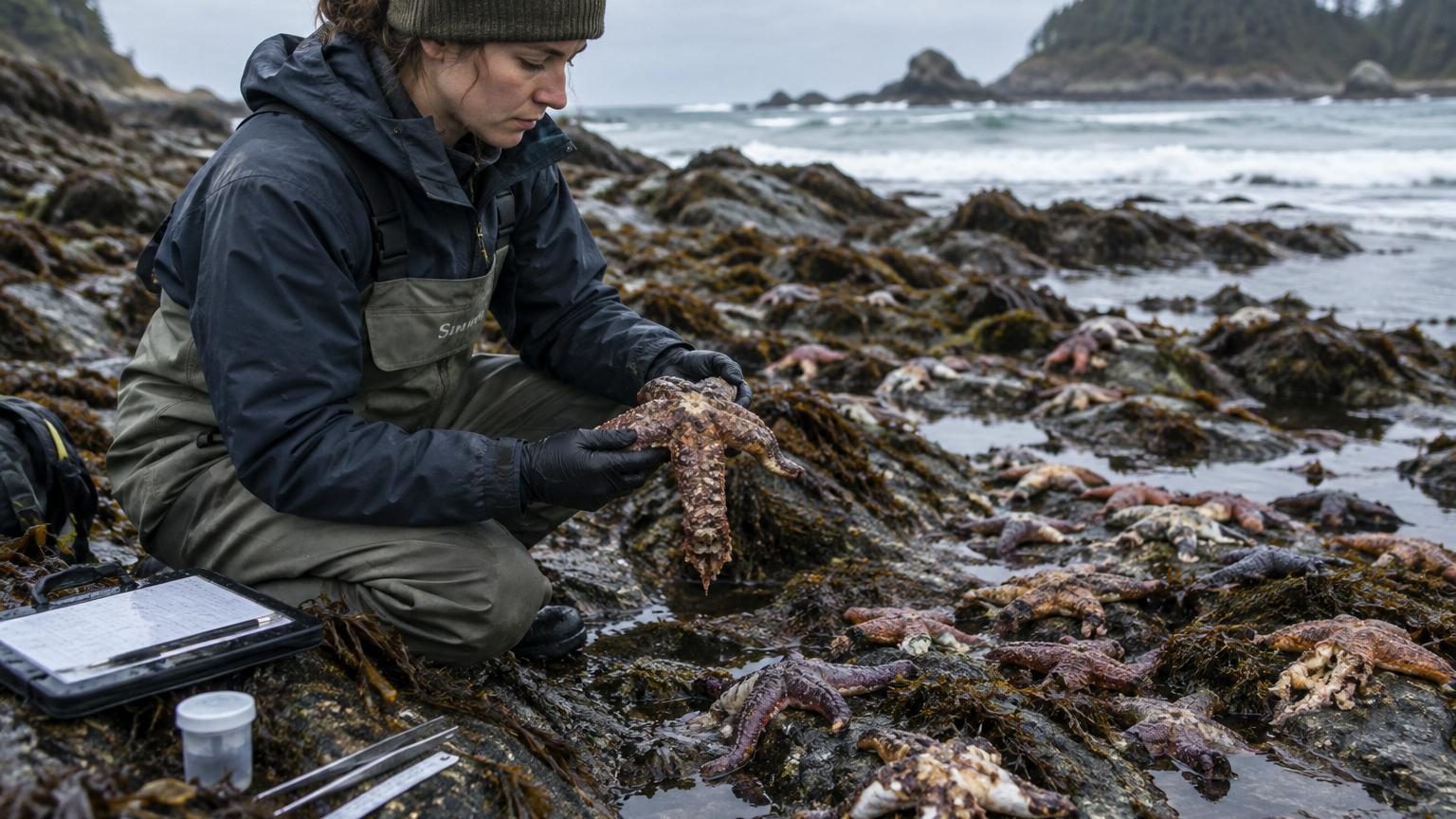Étoile de mer tournesol atteinte de la maladie de dépérissement, montrant des taches, plaies ouvertes et détérioration des bras, sur un substrat rocheux en milieu côtier pacifique.