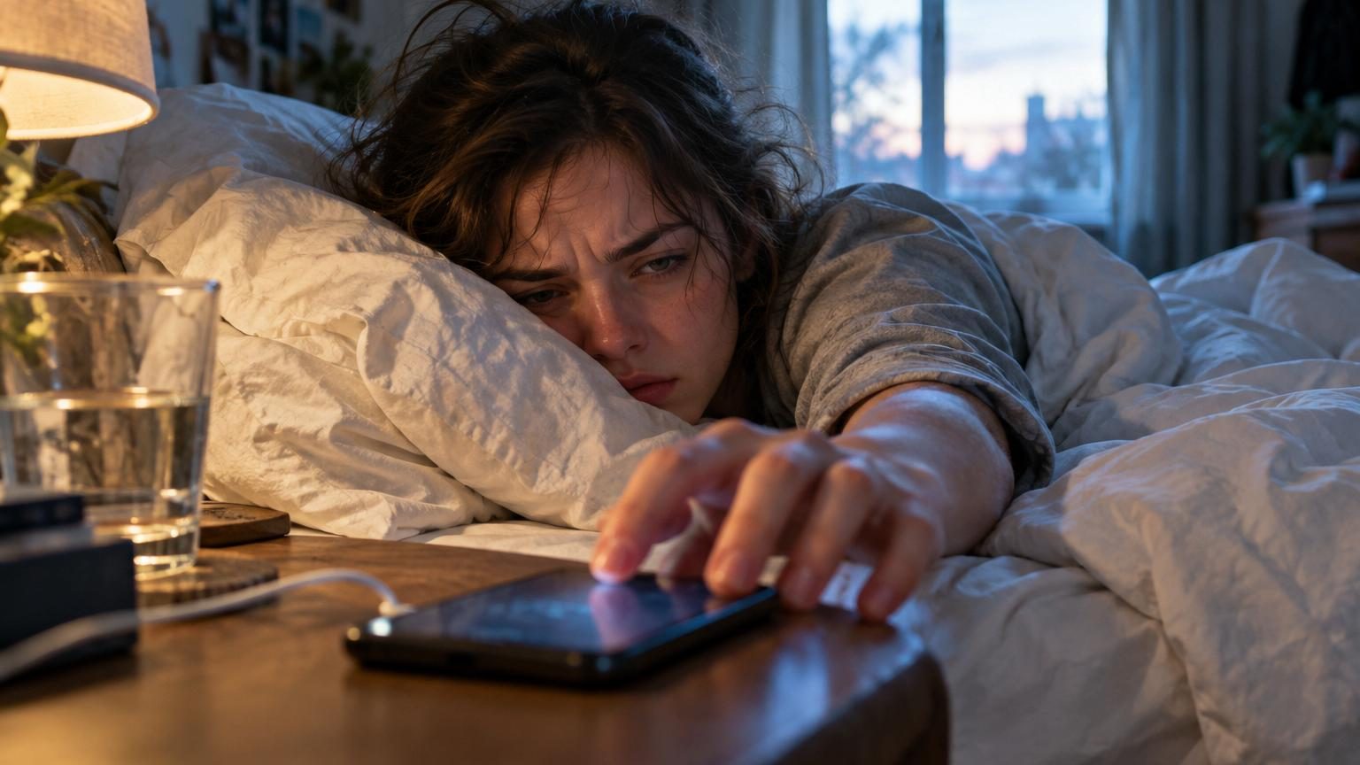 Personne endormie dans un lit avec un téléphone sur la table de nuit affichant une alarme qui sonne le matin