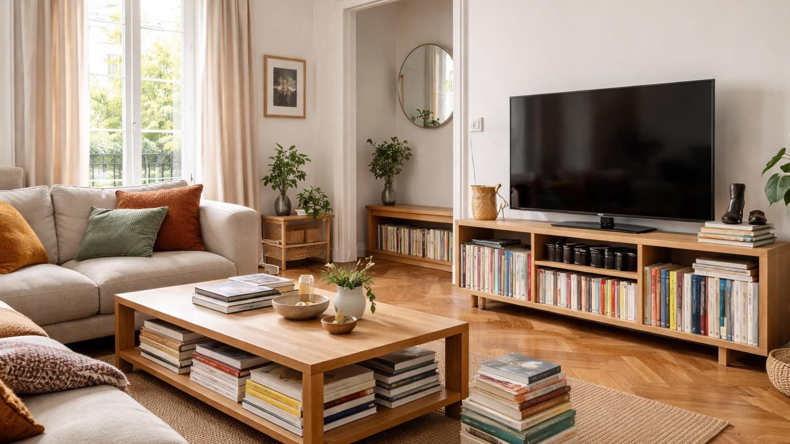 Piles de livres organisées sous une table basse et dans les angles d'un salon, intégrées harmonieusement au décor sans meuble supplémentaire.