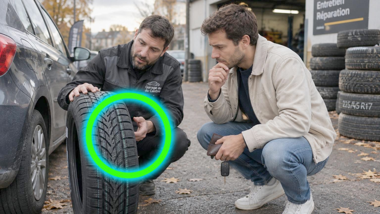 Comparaison de trois jeux de pneus automobile côte à côte : pneu été noir brillant, pneu hiver avec sculptures profondes, et pneu 4 saisons aux caractéristiques intermédiaires.