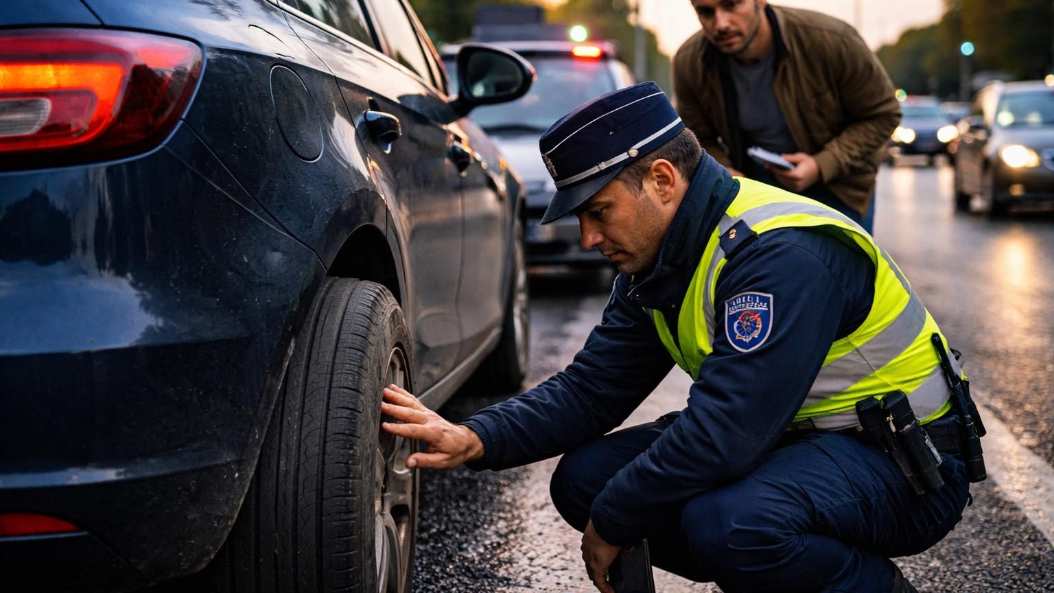 Gros plan sur un pneu de voiture montrant les rainures, avec un témoin d'usure visible et une pièce de 1 euro insérée pour illustration de vérification