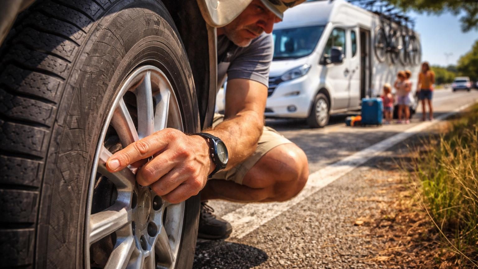 Camping-car stationné sur une aire de service, en gros plan sur ses pneus avant et latéraux, avec mise en évidence des flancs et du code DOT gravé.
