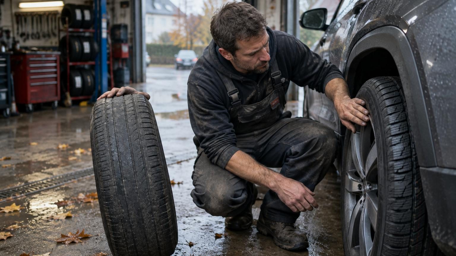 Trois pneus automobiles de différents types alignés, montrant les variations de sculptage entre un pneu été lisse, un pneu hiver avec lamelles et un pneu 4 saisons intermédiaire.