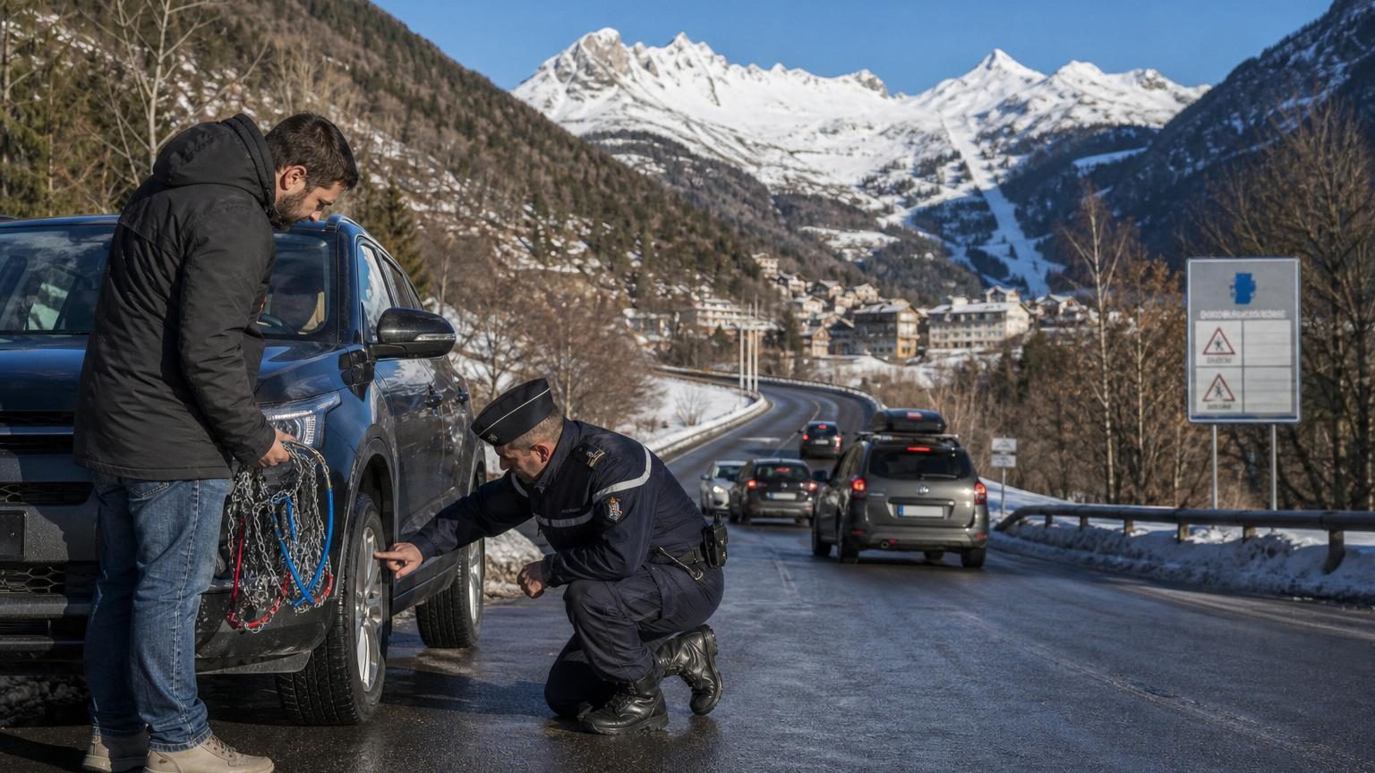 Gendarme contrôlant les pneus d'une voiture lors d'un contrôle routier sur une route de montagne en novembre, avec des automobilistes attendant et des chaînes visibles dans un coffre.