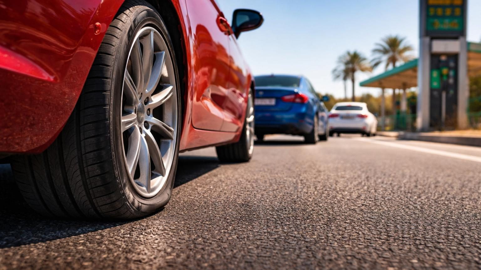 Gros plan sur un pneu de voiture avec un manomètre mesurant la pression d'air, illustrant le contrôle de gonflage recommandé.