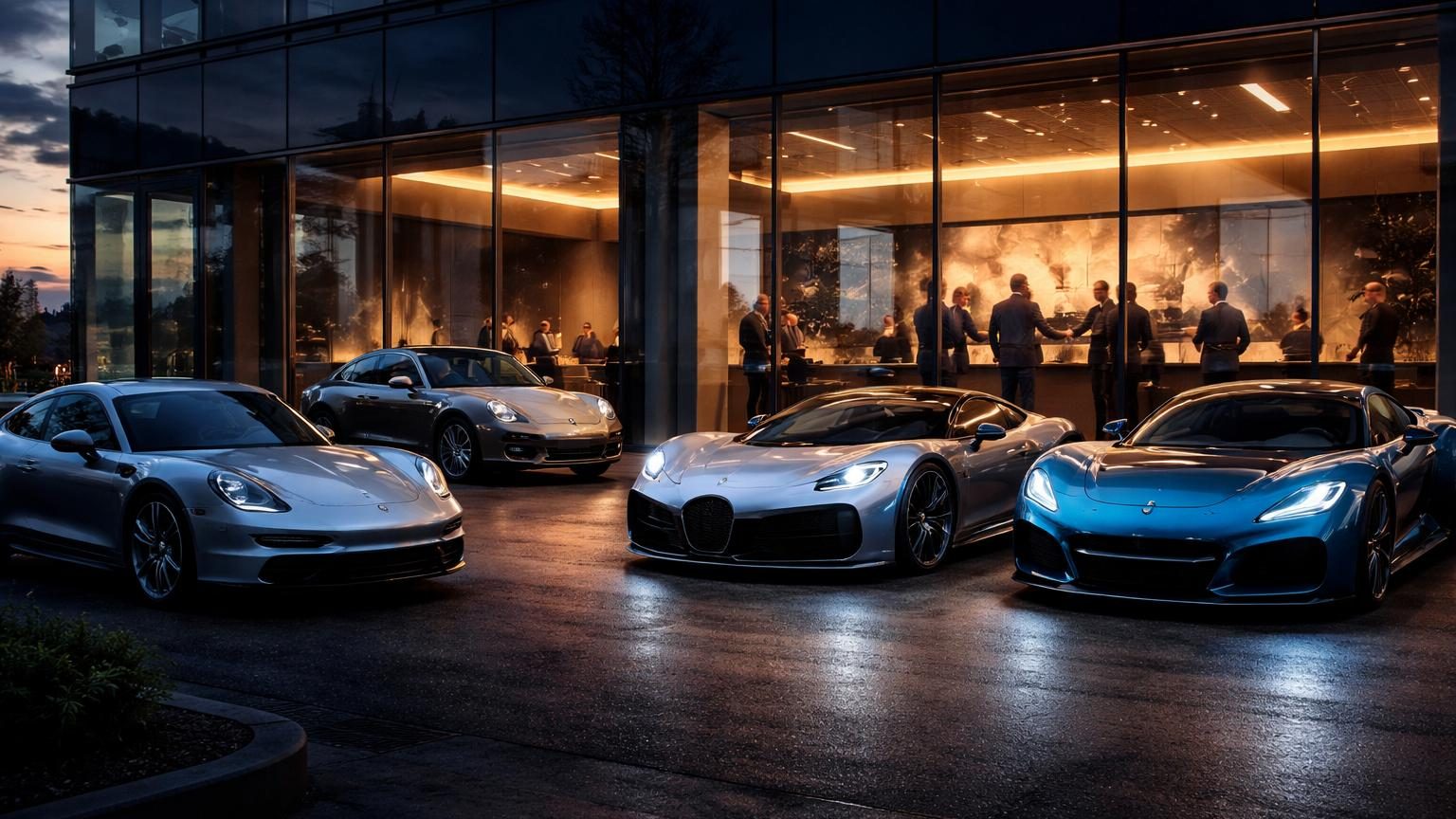 Logo ou silhouette de Porsche avec symbole de désengage; représentation stylisée de Bugatti Rimac symbolisant le changement d'actionnariat et la transition vers HOF Capital