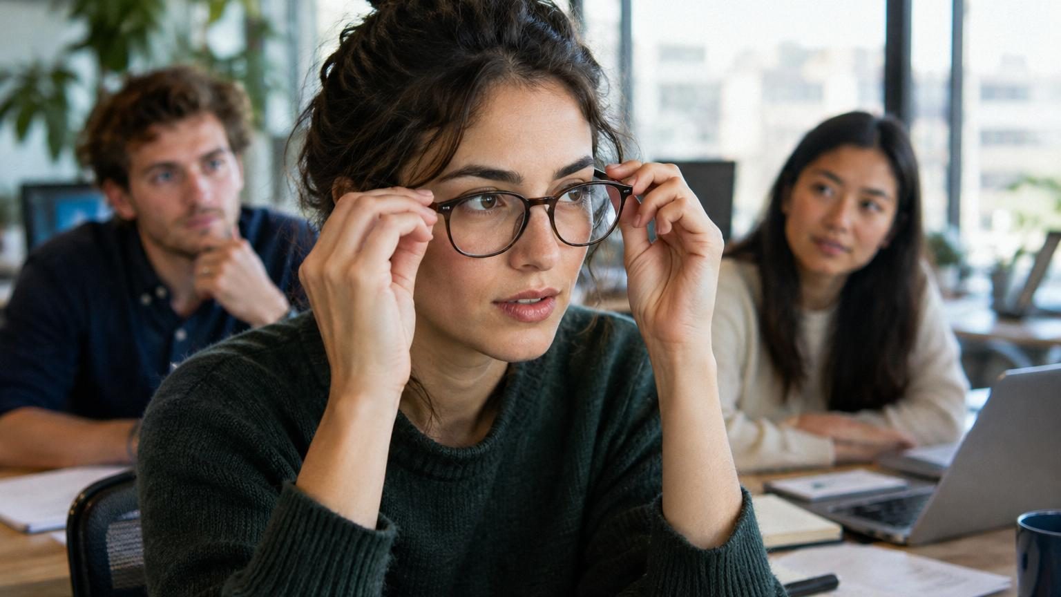 Portrait d'une personne portant des lunettes sans monture, visage de face en éclairage neutre, regard droit vers l'appareil photo.