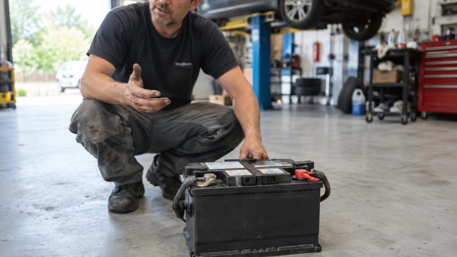 Une batterie 12 V moderne en plastique rigide posée sur une dalle de béton gris clair, avec un mètre à proximité indiquant les conditions de stockage optimales.